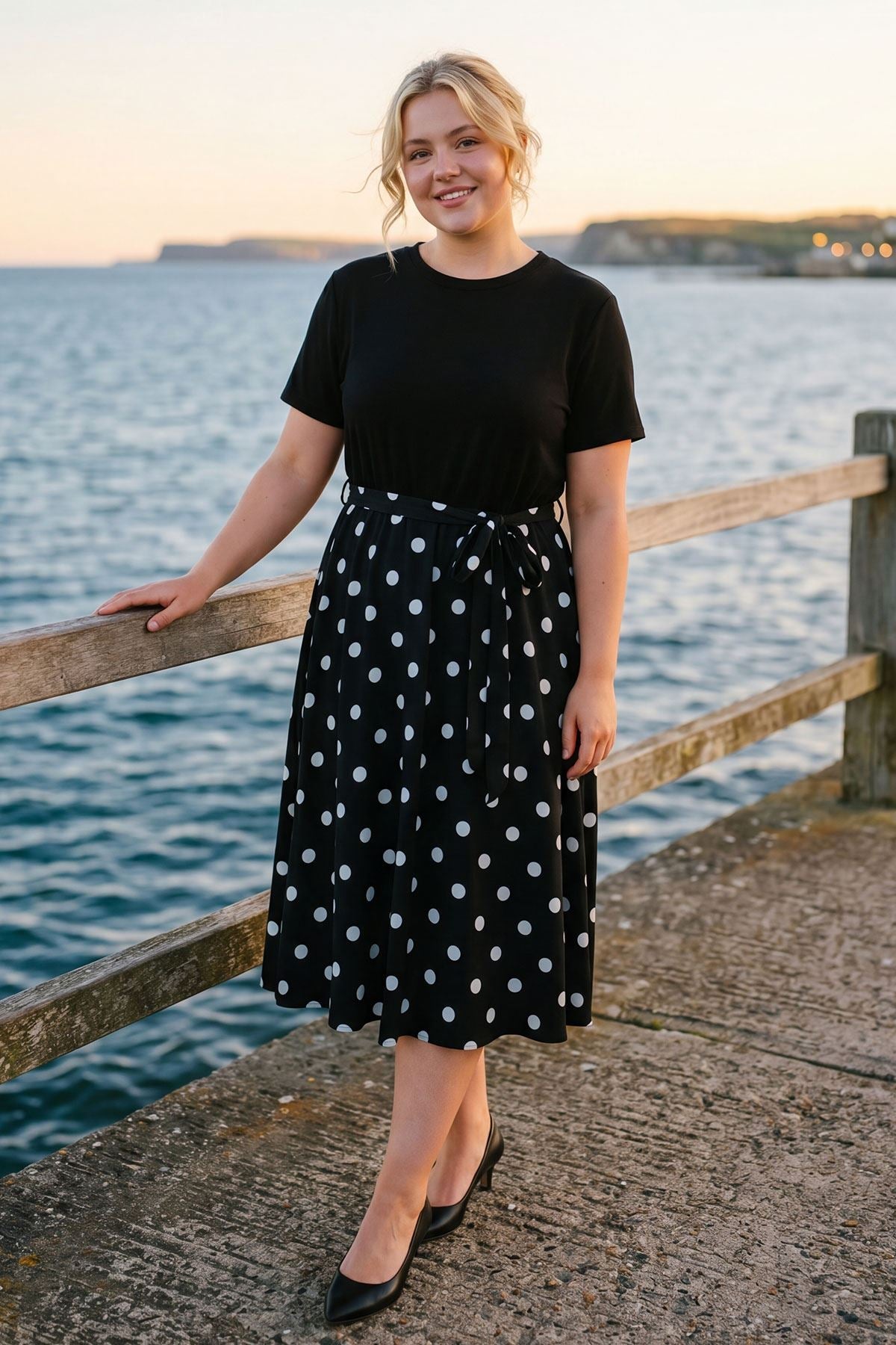 Polka Dot Print Elastic Waist Tie Belt Dress