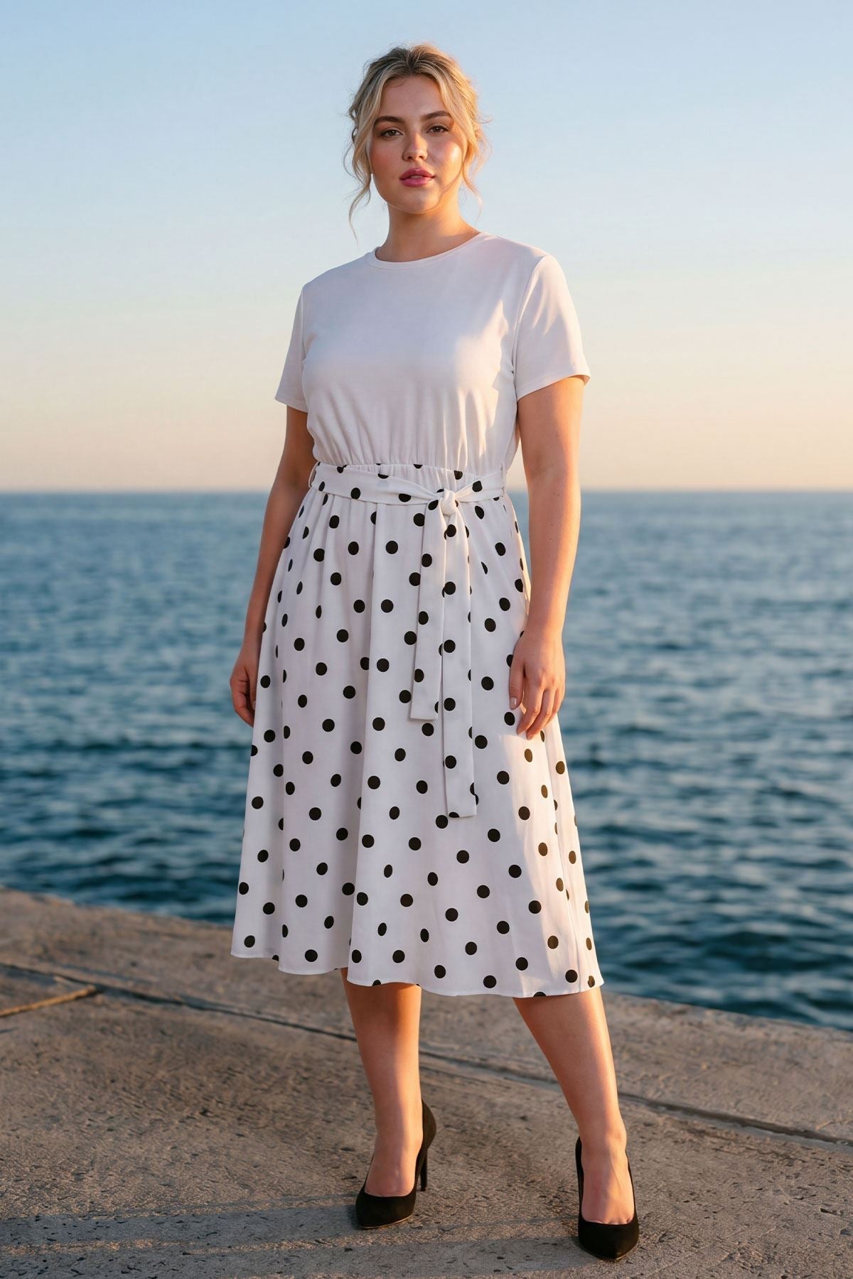 Polka Dot Print Elastic Waist Tie Belt Dress