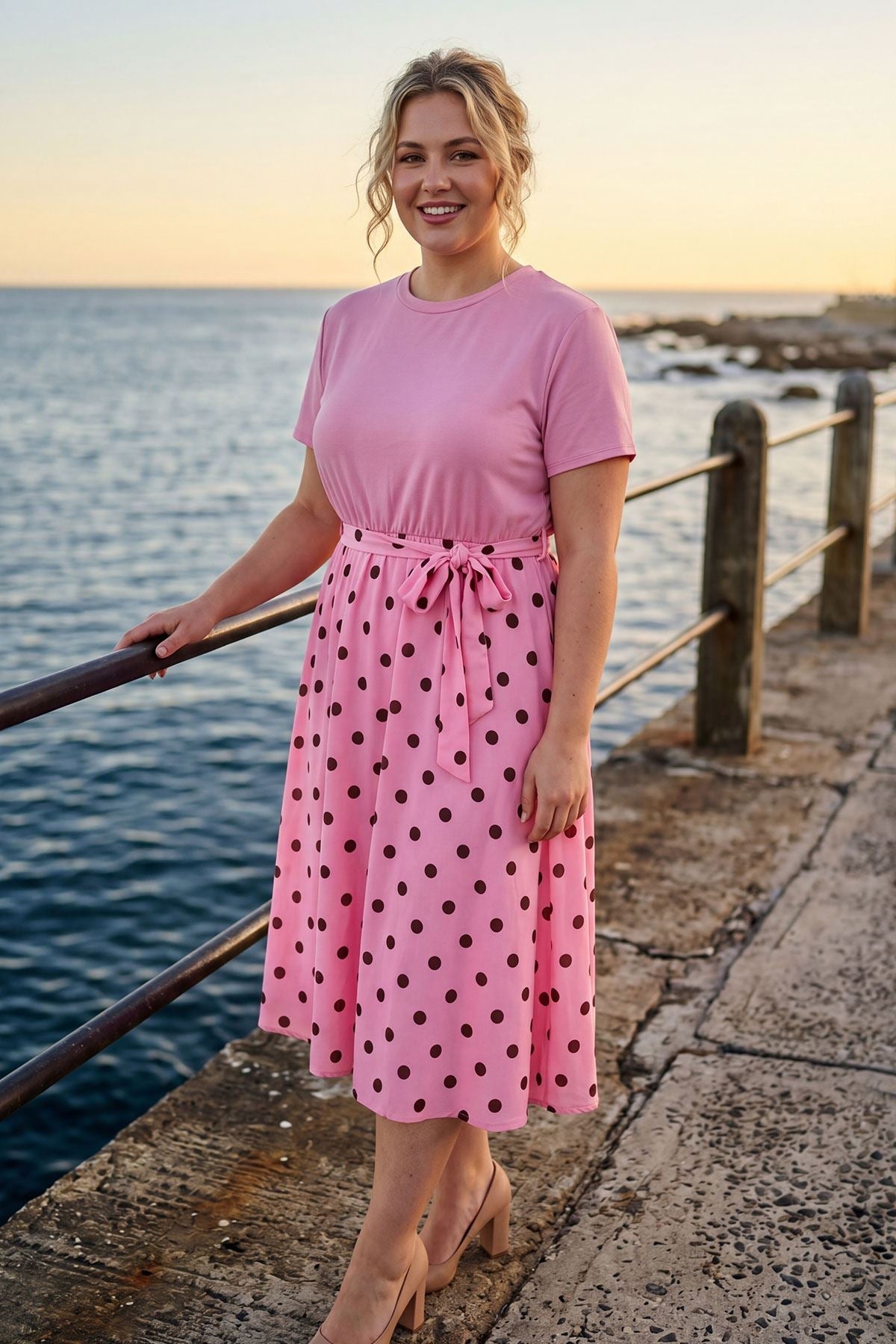 Polka Dot Print Elastic Waist Tie Belt Dress