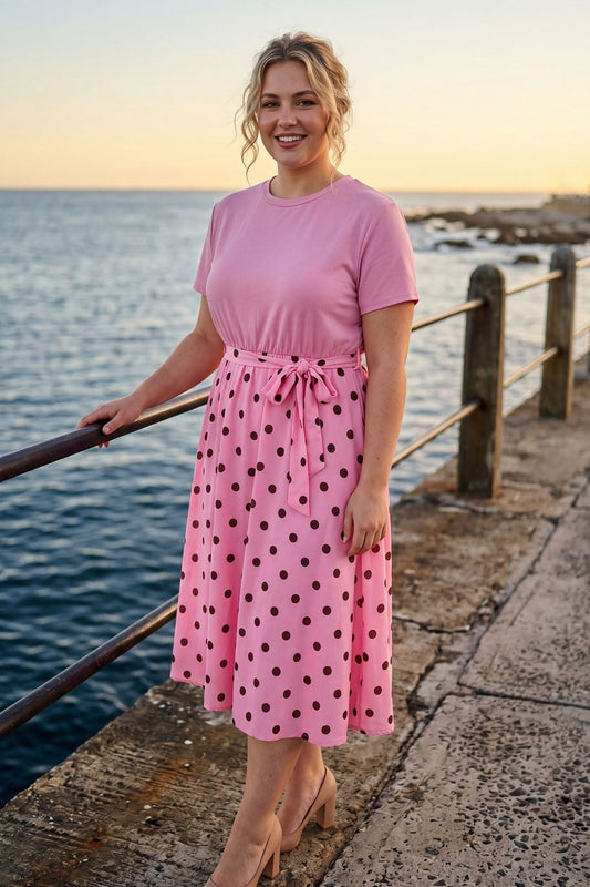 Polka Dot Print Elastic Waist Tie Belt Dress