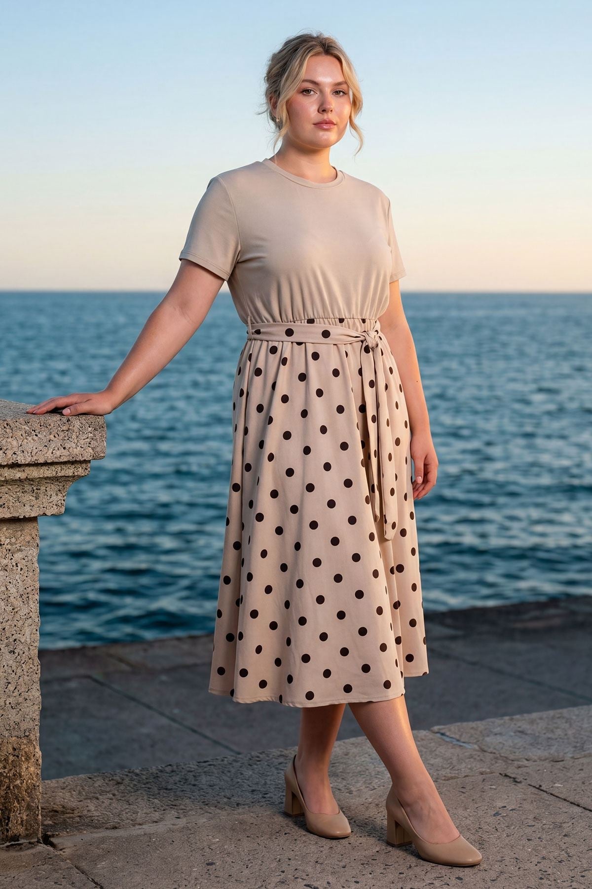 Polka Dot Print Elastic Waist Tie Belt Dress