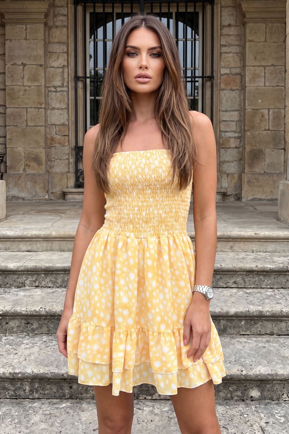Polka Dot Print Smocked Dress