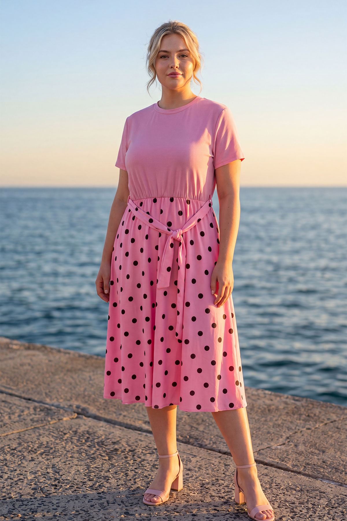 Polka Dot Print Elastic Waist Tie Belt Dress