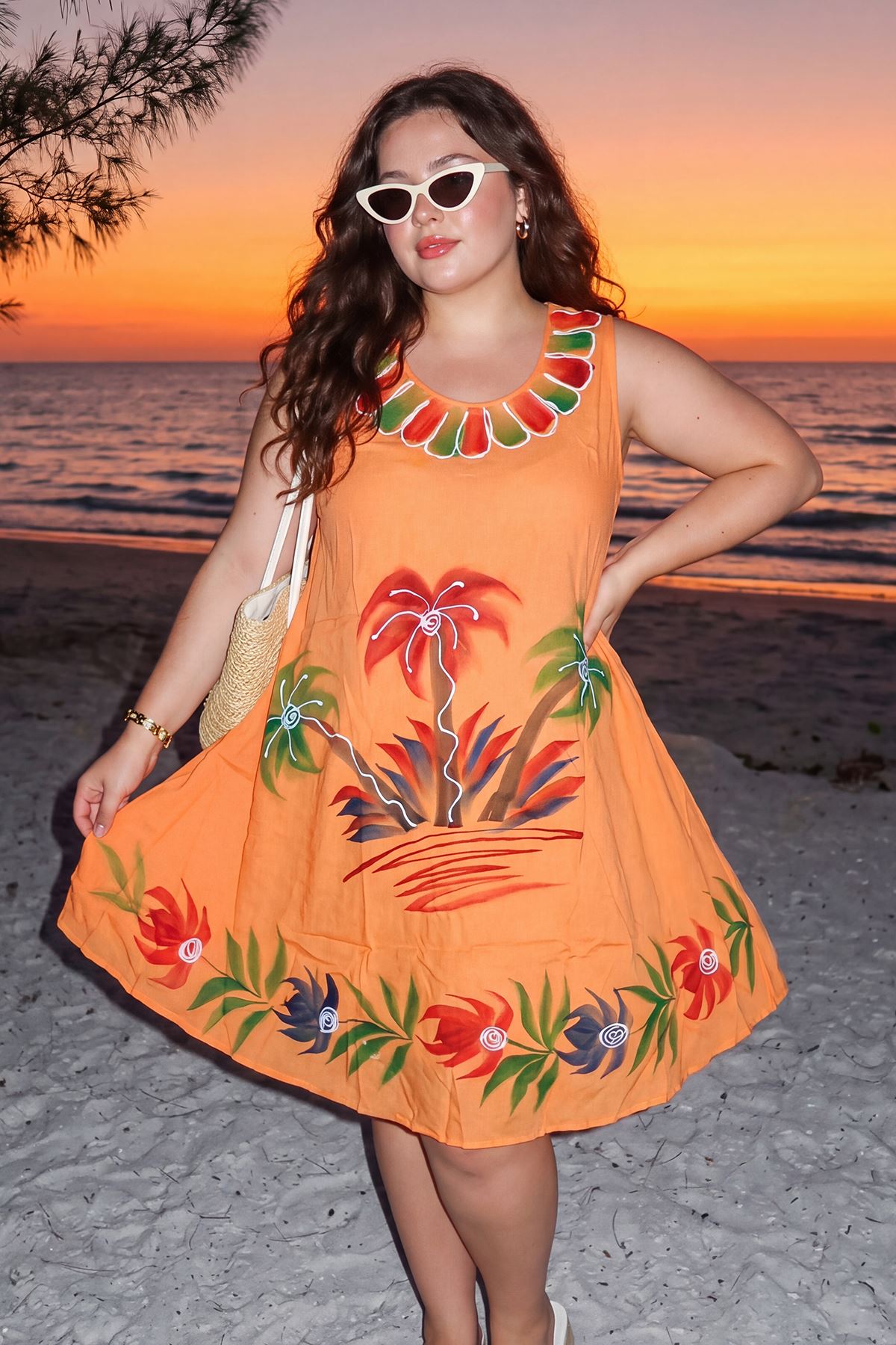 Tropical Plam Tree Print Swing Dress