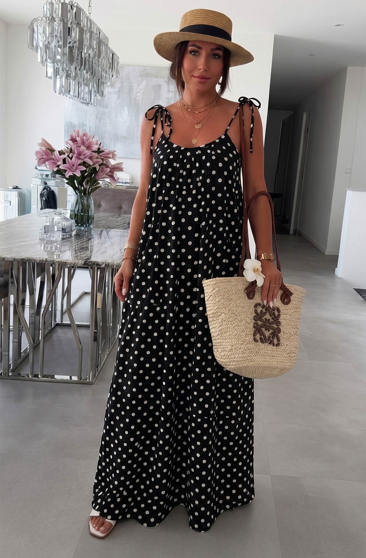 Josette Polka Dot Pocket Tie-Up Strap Cotton Gauze Style Maxi Dress
