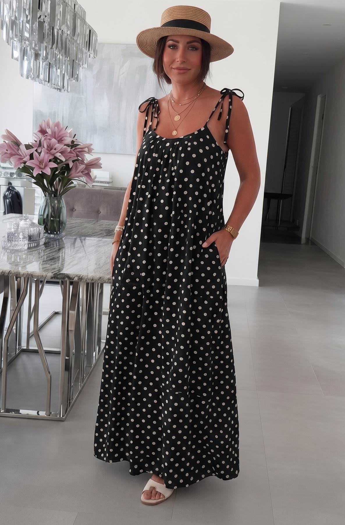 Josette Polka Dot Pocket Tie-Up Strap Cotton Gauze Style Maxi Dress