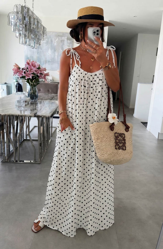 Josette Polka Dot Pocket Tie-Up Strap Cotton Gauze Style Maxi Dress