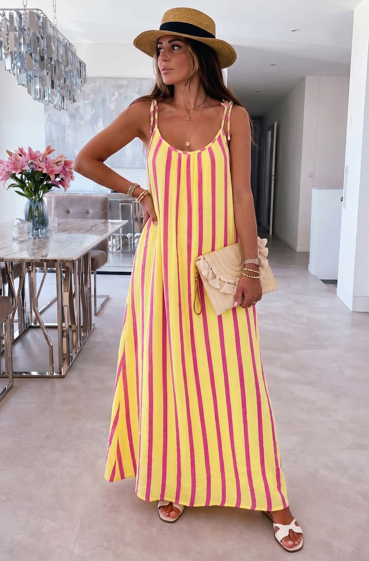 Josette Stripe Pocket Tie-Up Strap Cotton Gauze Style Maxi Dress