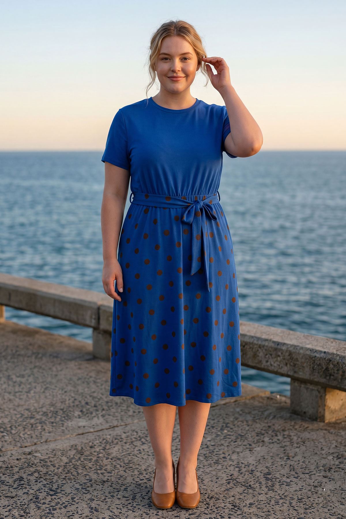 Polka Dot Print Elastic Waist Tie Belt Dress