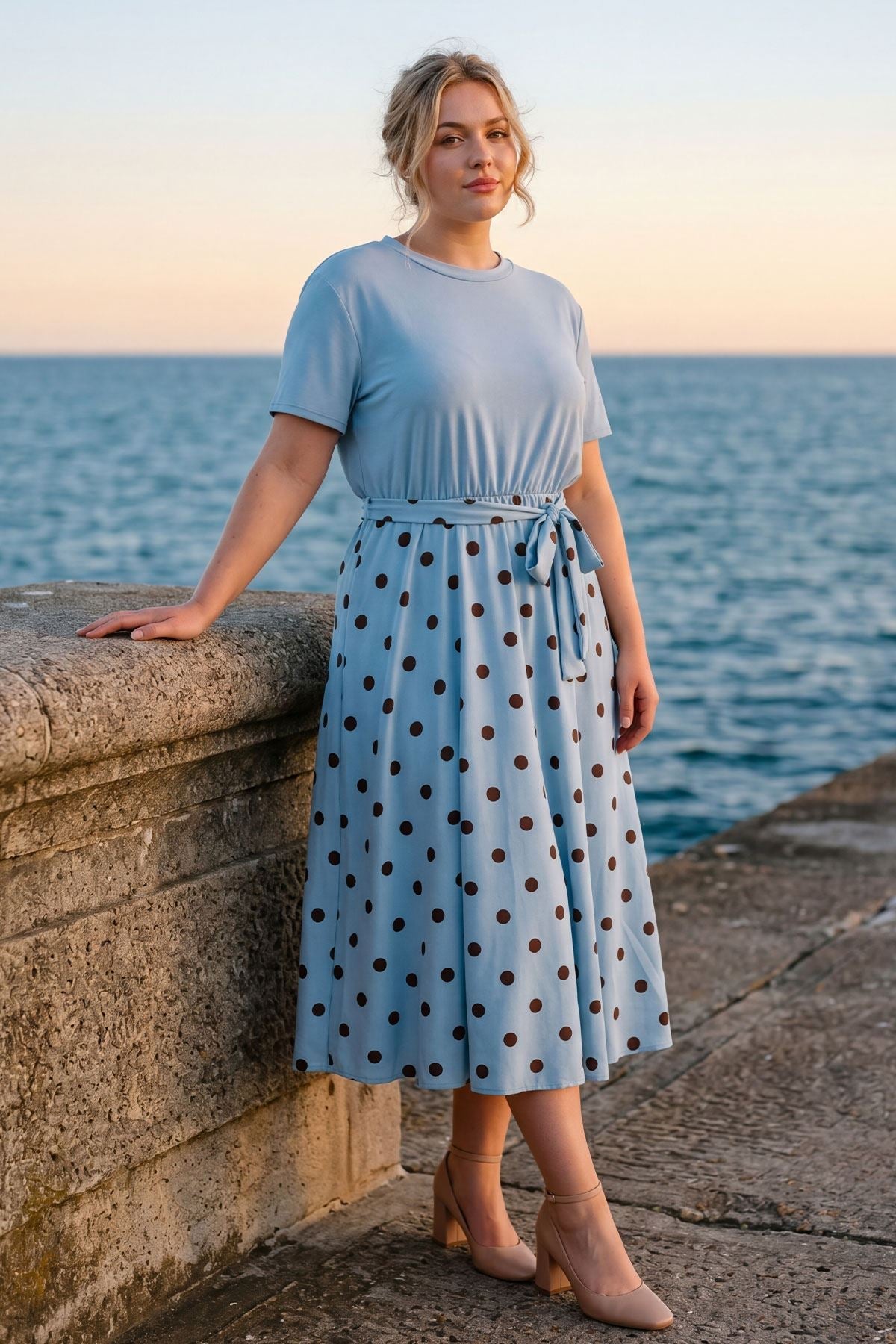 Polka Dot Print Elastic Waist Tie Belt Dress