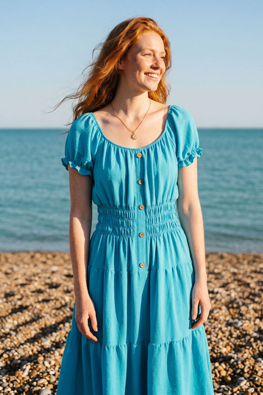 Plain Shirred Waist Tiered Dress