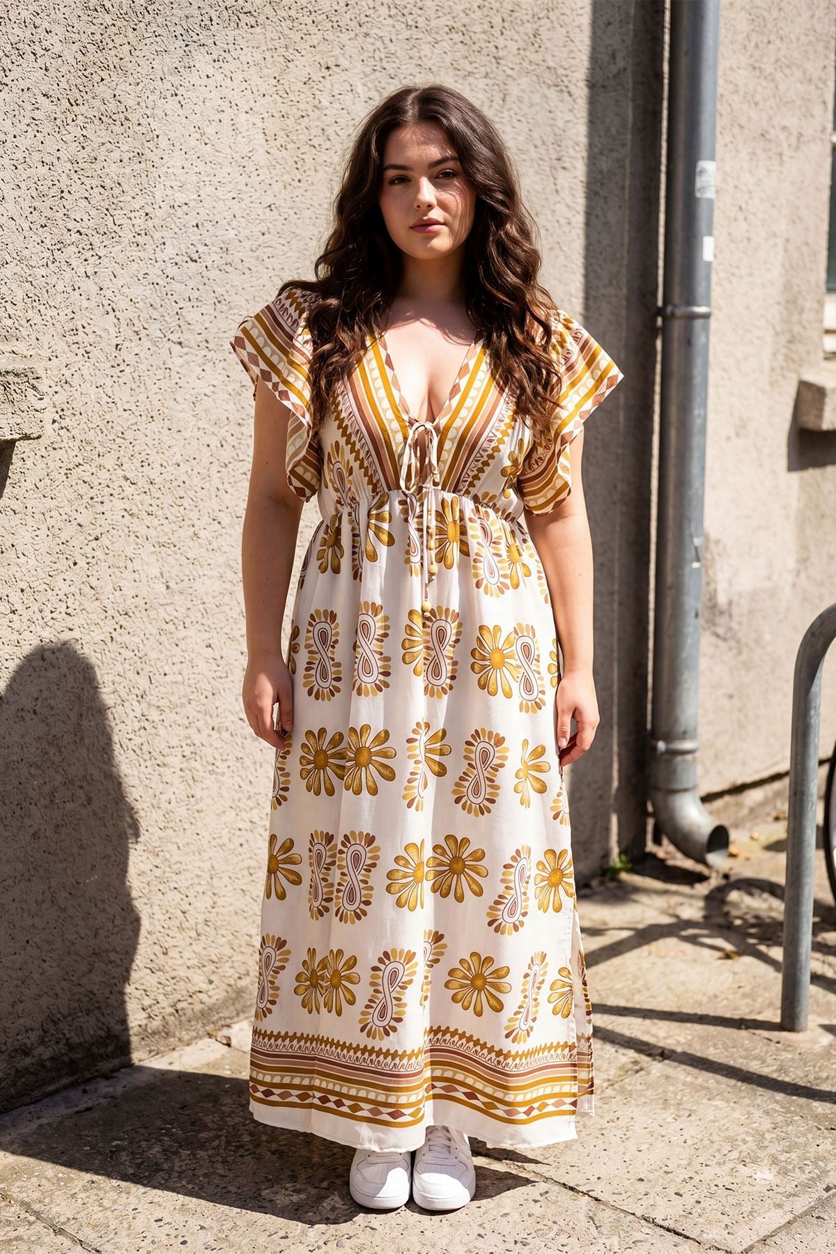 Geometric Floral Print Empire Waist Cotton Dress