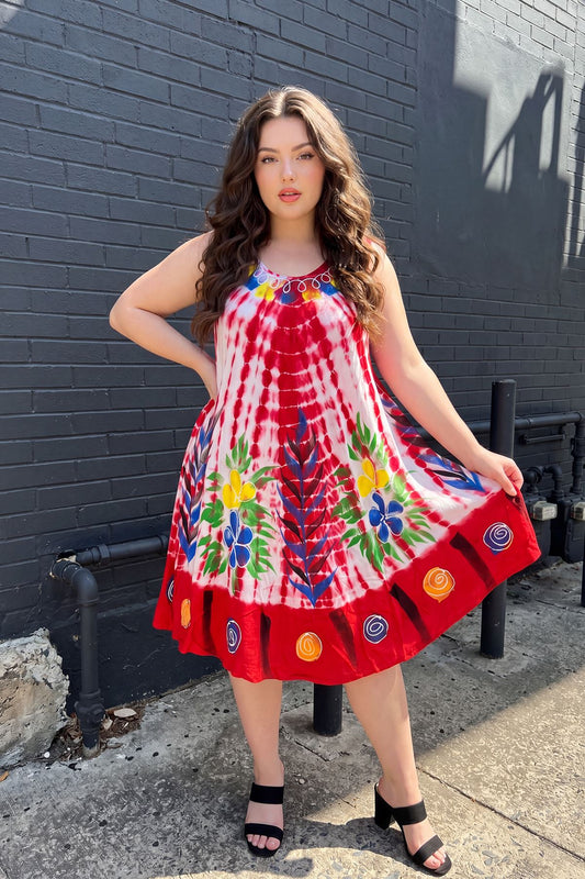 Tie Dye Abstract Floral Print Flared Dress
