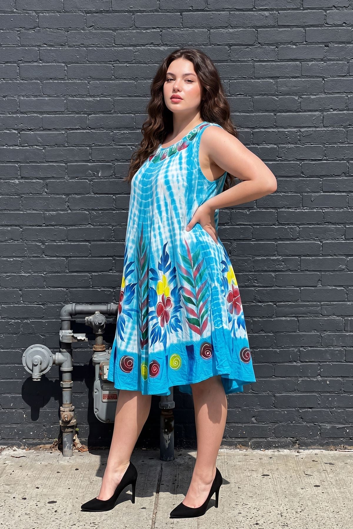 Tie Dye Abstract Floral Print Flared Dress