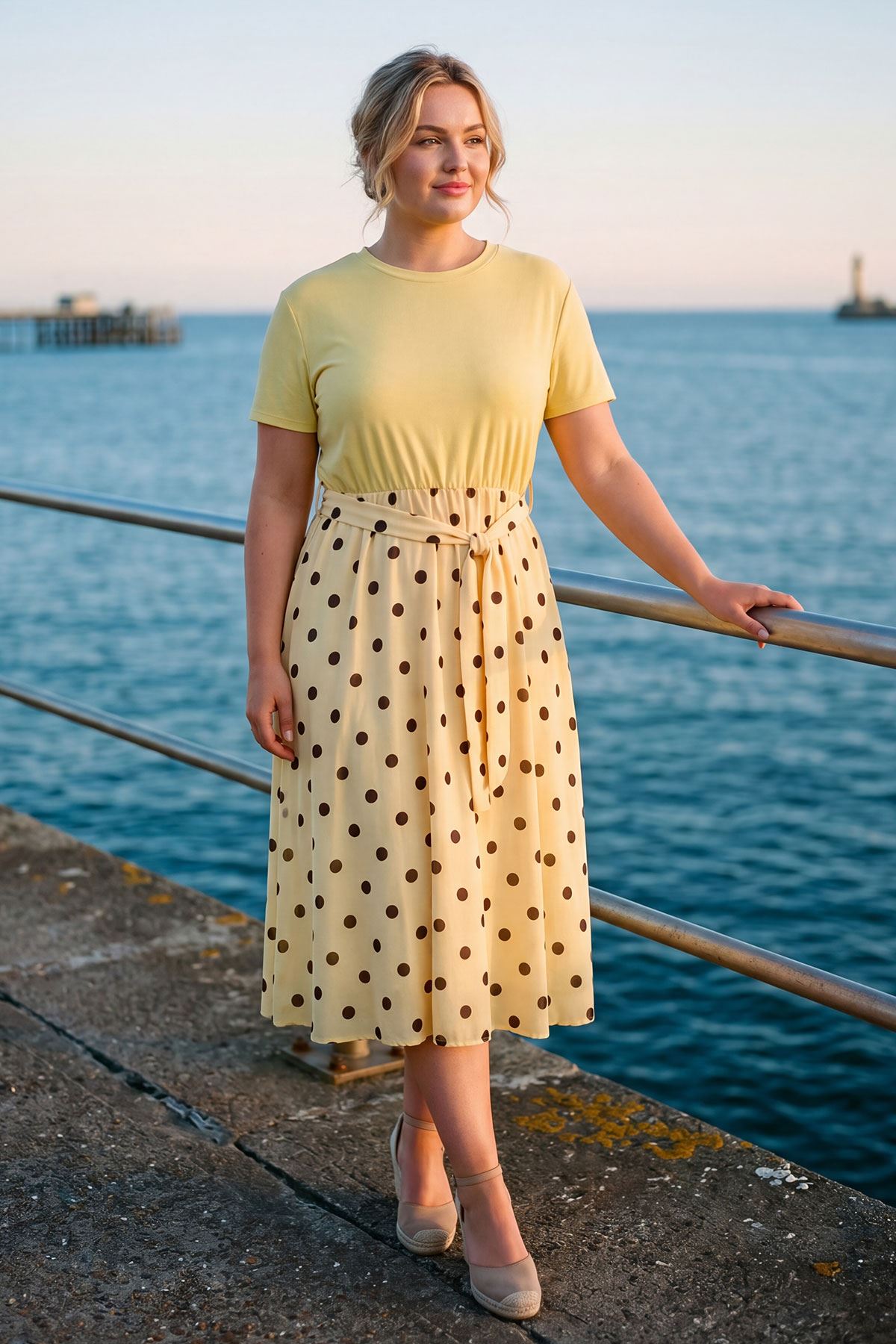 Polka Dot Print Elastic Waist Tie Belt Dress